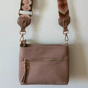 Taupe faux leather cross body purse with camera bag strap